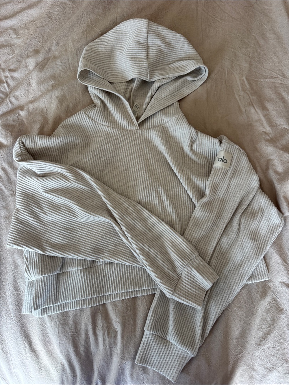 ALO Yoga Muse Ribbed Hoodie Sweater in Light Beige